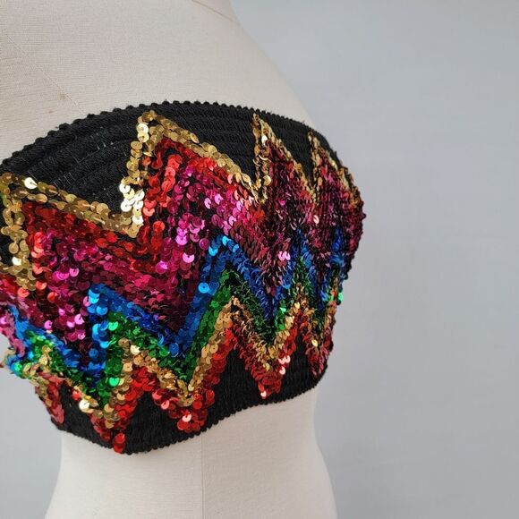Topshop Womens Medium Black Boho Disco Retro Bright Sequin Smocked Tube Crop Top - Picture 7 of 10